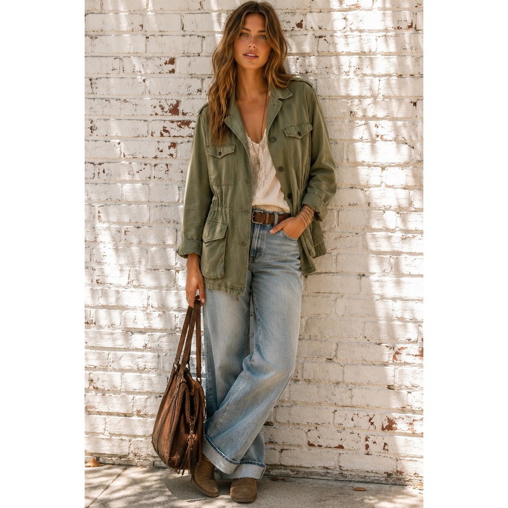 Joe's Jeans Olive Tencel Military Utility Jacket Distressed Green Cargo Large